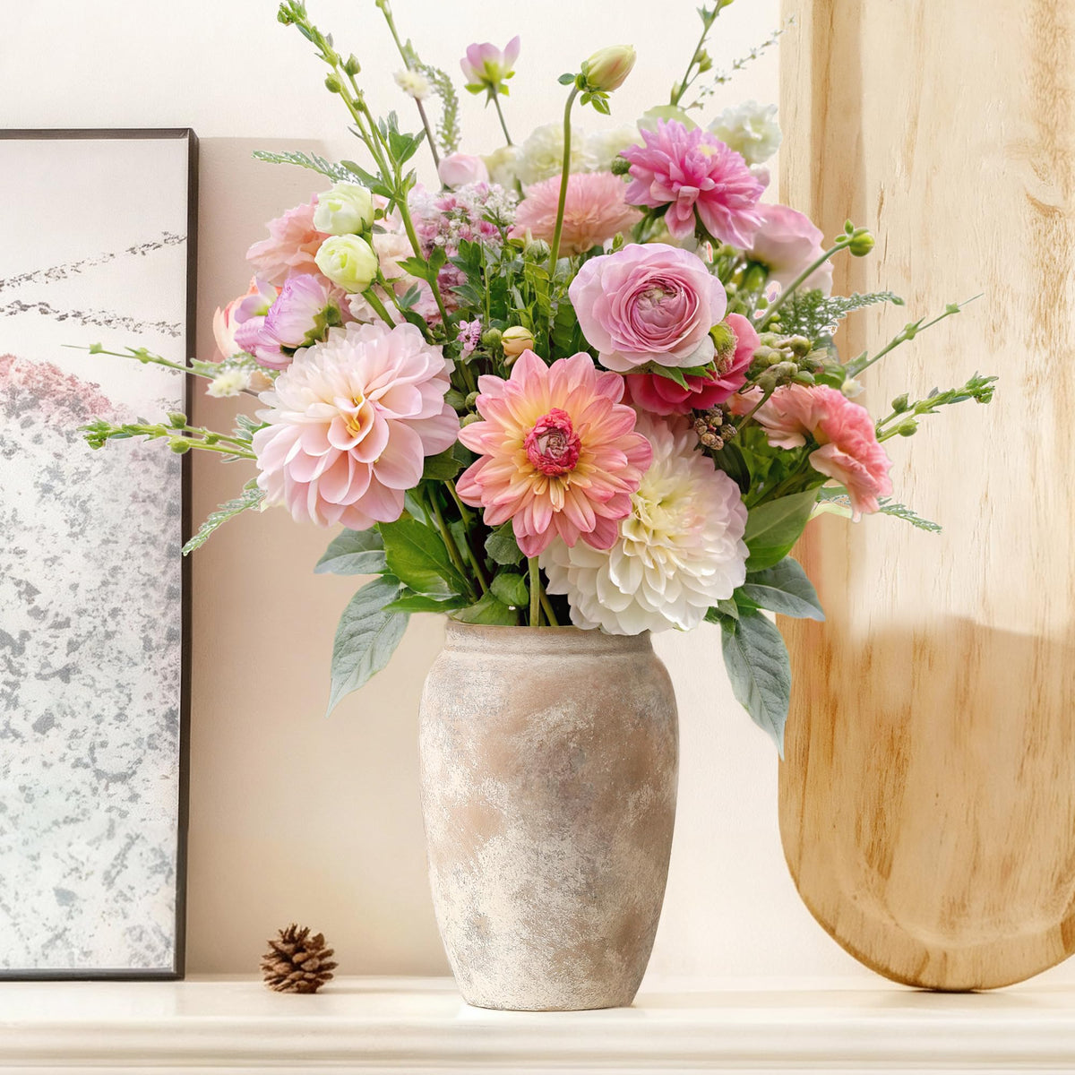 Ceramic Flower Vase, 7.4 Inch Rustic Farmhouse Pottery Decor