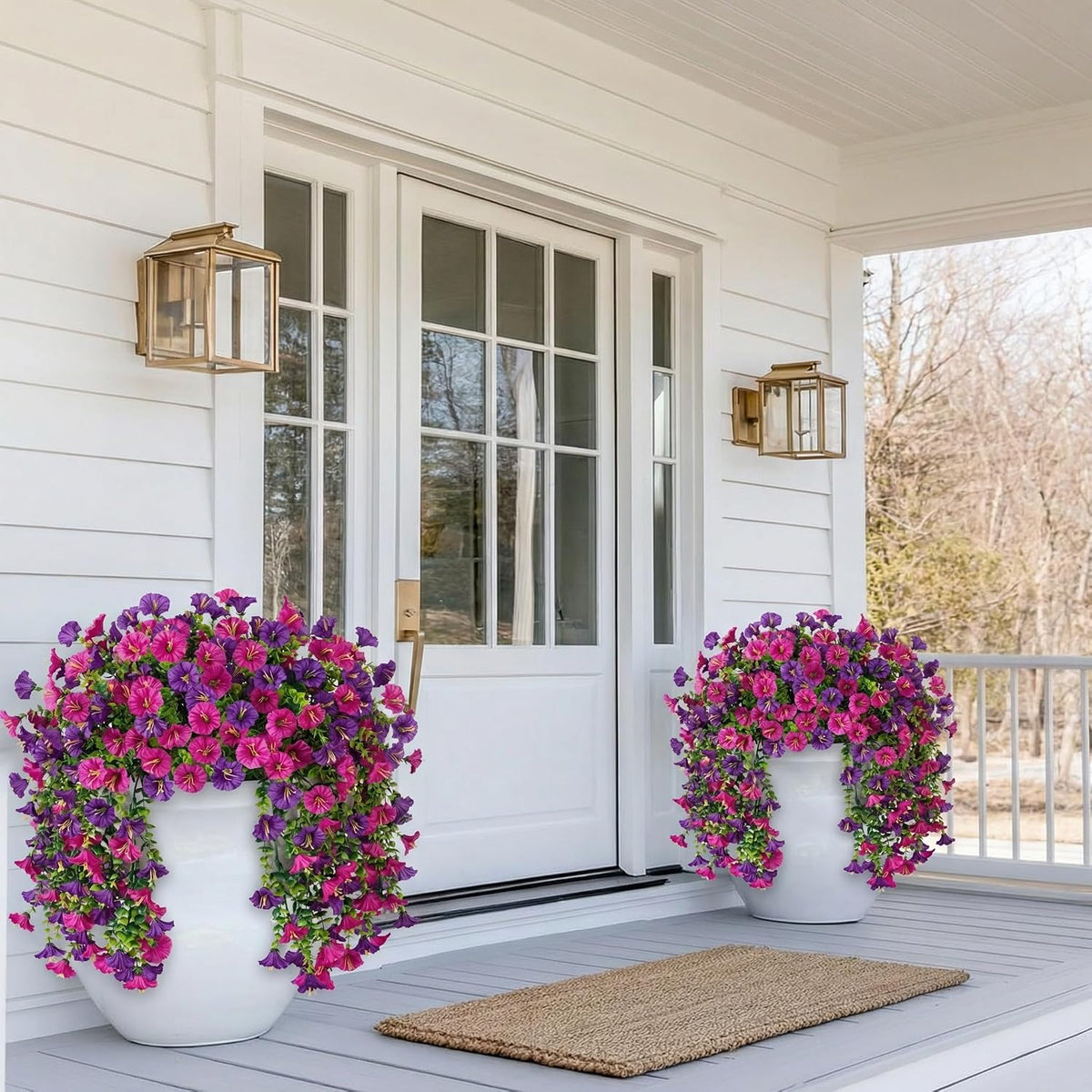 Ivydale 2 PCS Artificial Hanging Flowers Fake Plants Outdoor,Silk Morning Glory Faux Flowers with Eucalyptus Leaf,UV Resistant Realistic Hanging Petunias Plants for Home Garden Decor (Purple+Fuchsia)