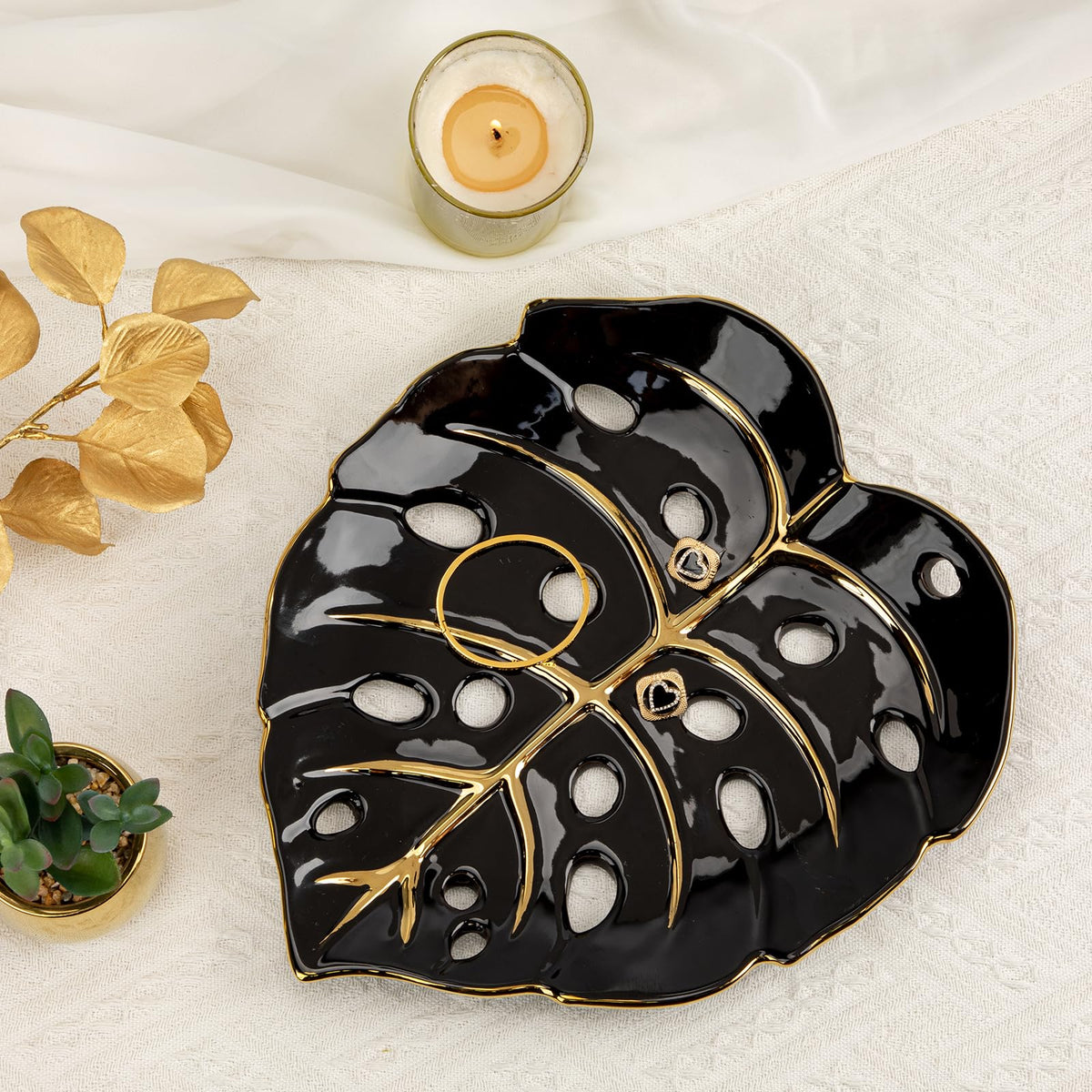 Ceramic Leaf Shaped Decorative Tray, Black Gold Monstera Leaf Plate 12.6"x11" for Jewelry, Keys, Snack, Candle Holder, Modern Table Centerpiece Home Decor