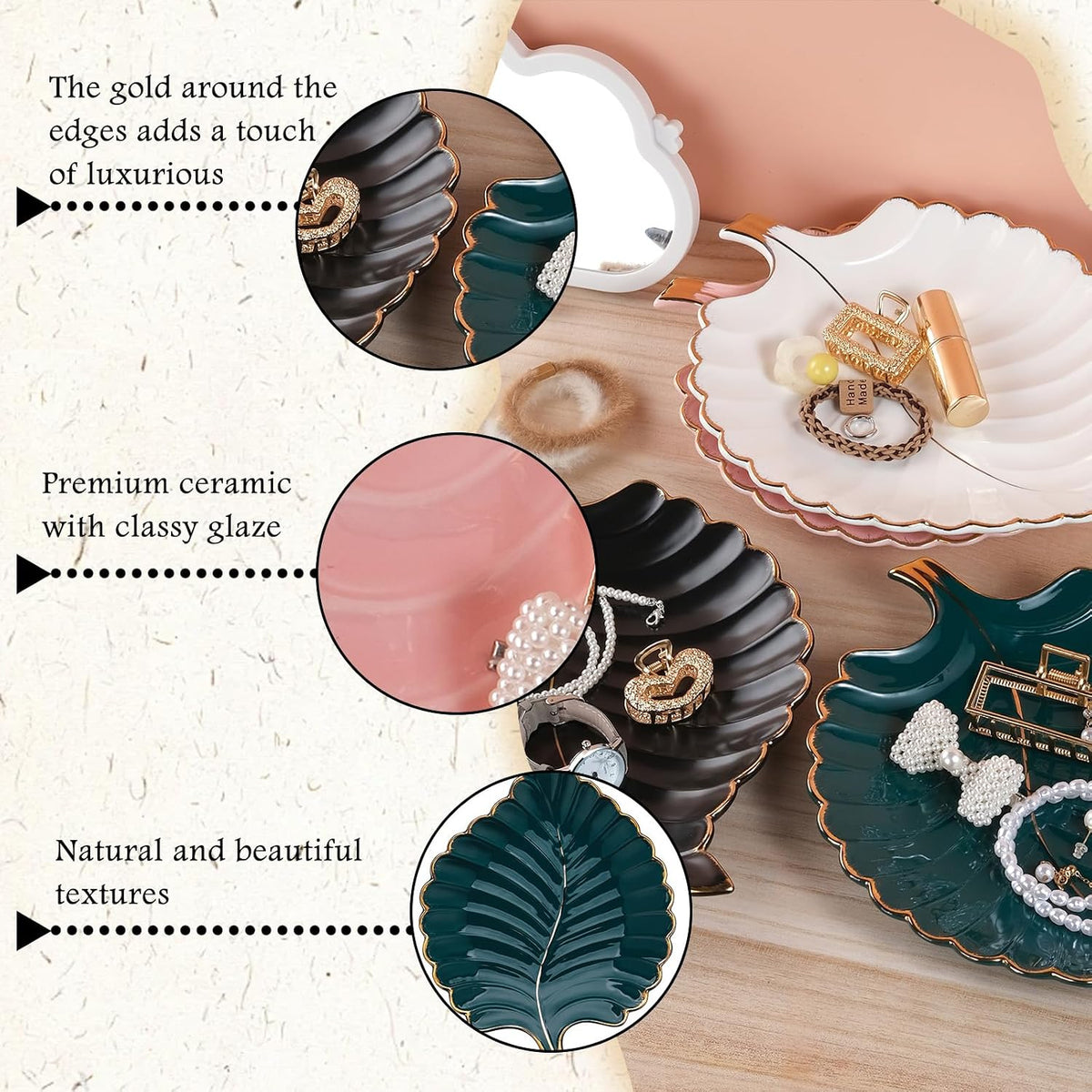 VanEnjoy Decorative Candy Dishes - Pink Ceramic Key Bowl for Entryway Table, Leaf Jewelry Plate Tray