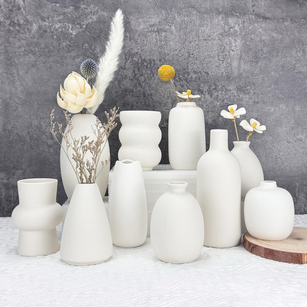White Vase Set of 12, Small White Bulk Bud Vases for Pampas Grass for Wedding Table Centerpieces Decoration, Modern Boho for Rustic Vase.