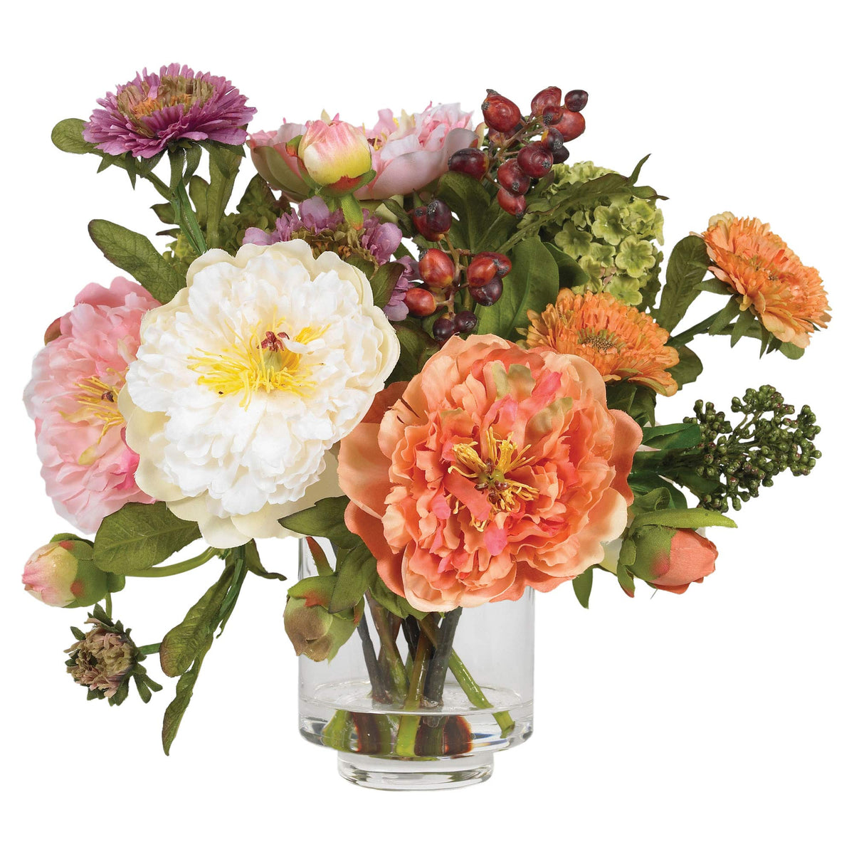 Nearly Natural 10 in Artificial Peony Arrangement in Glass Vase