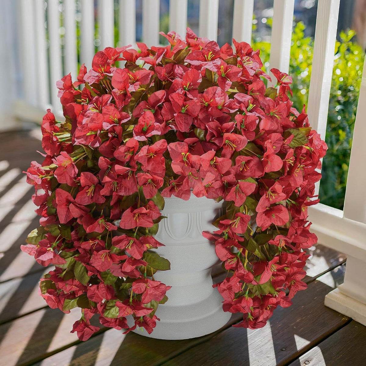 Bougainvillea Artificial Flowers for Outdoors Fake Plants Fall Autumn Decor, 2 pcs Faux Long Trailing Vines UV Resistant Look Real Red Silk Flowers for Outside Planter Front Door Porch Urn Yard Patio