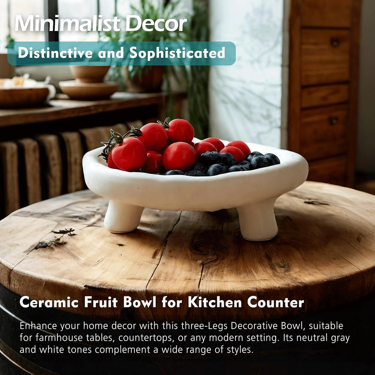 Three-Legs Ceramic Decorative Bowl- 8" Small White Footed Fruit Bowl for Kitchen Counter, Entryway &Table Home Décor,Multi-Purpose Footed Centerpiece Bowl for Candy,Breads,candles, trinkets or key