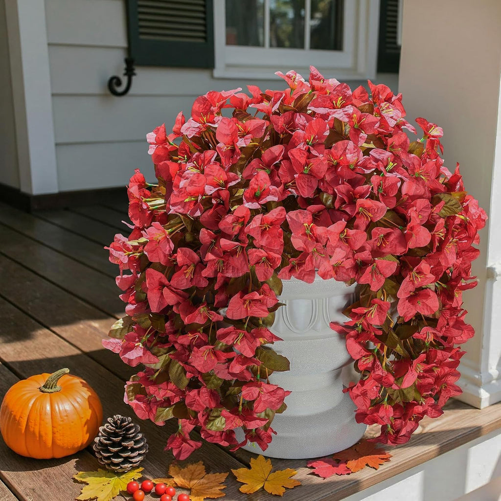 Bougainvillea Artificial Flowers for Outdoors Fake Plants Fall Autumn Decor, 2 pcs Faux Long Trailing Vines UV Resistant Look Real Red Silk Flowers for Outside Planter Front Door Porch Urn Yard Patio