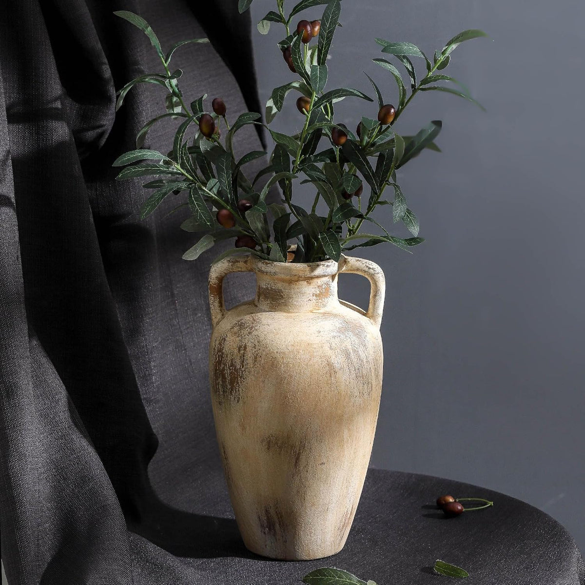 Ceramic Flower Vase, 11.41 Inch Tall Farmhouse Vase with Handles