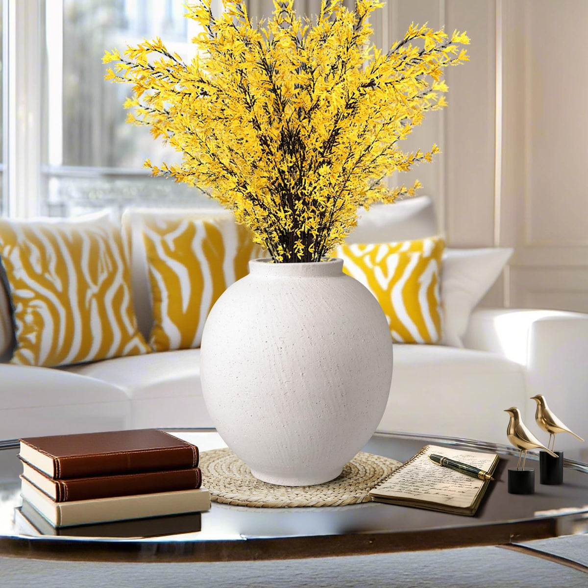 Tall Ceramic Vase 12 Inch Neutral Textured Vase,Cream Vase for Home Decor