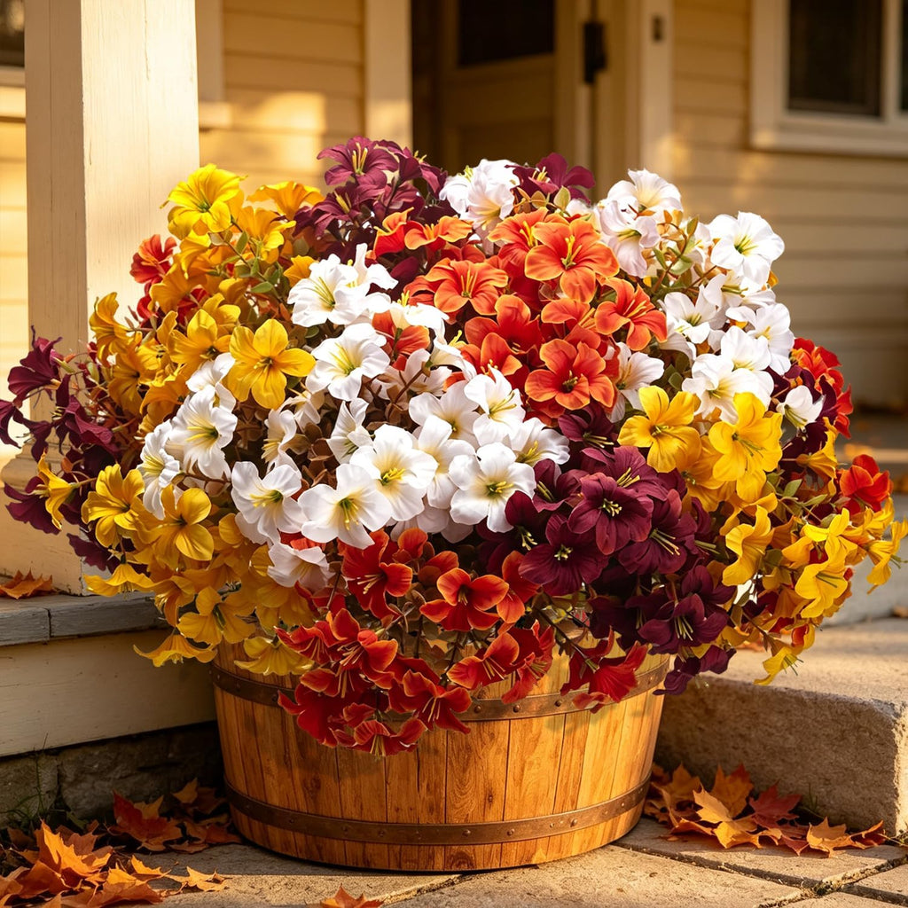 16 Bundles Artificial Fall Flowers, UV Resistant Faux Petunias for Outdoor