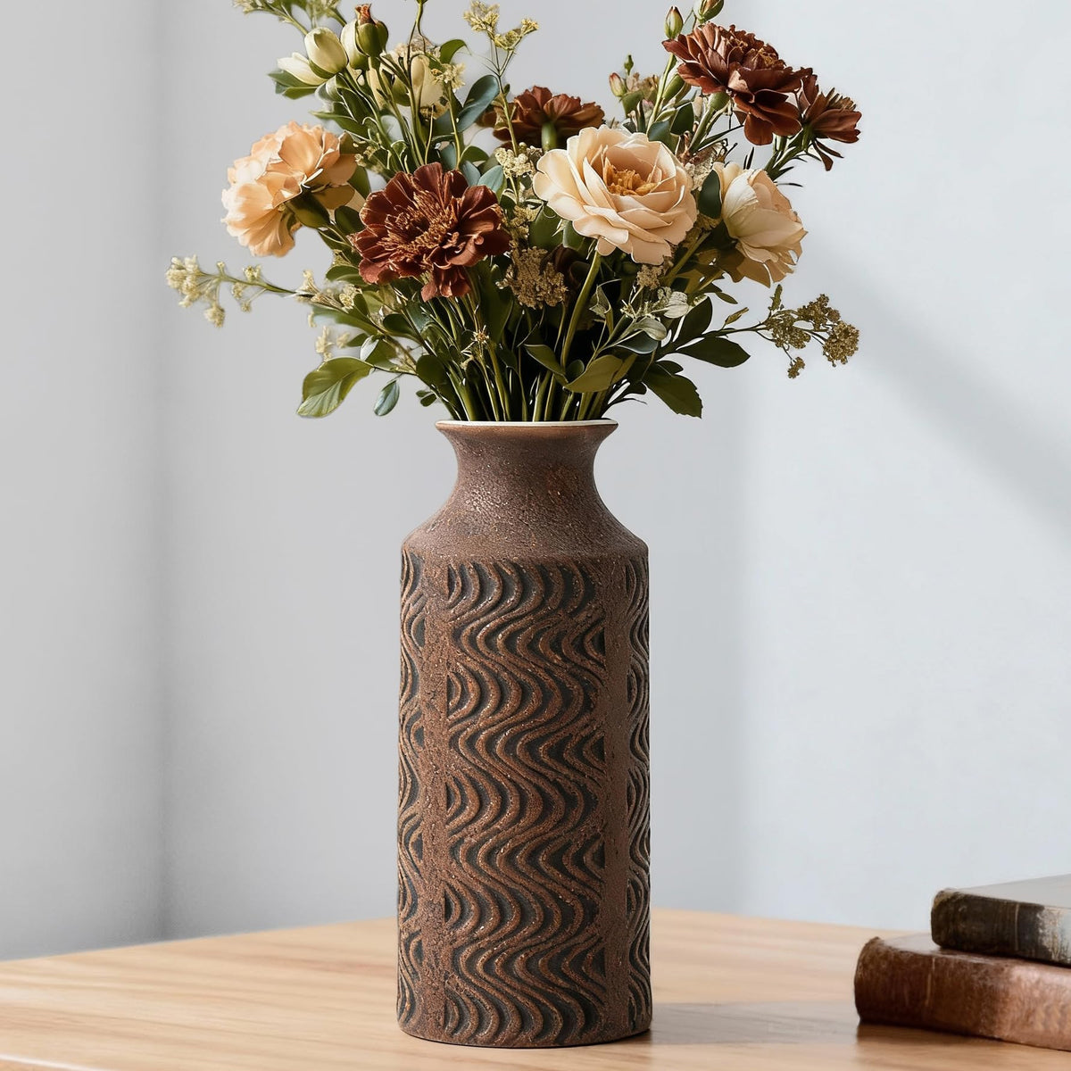 Ceramic Flower Vase, 11.41 Inch Tall Farmhouse Vase with Handles