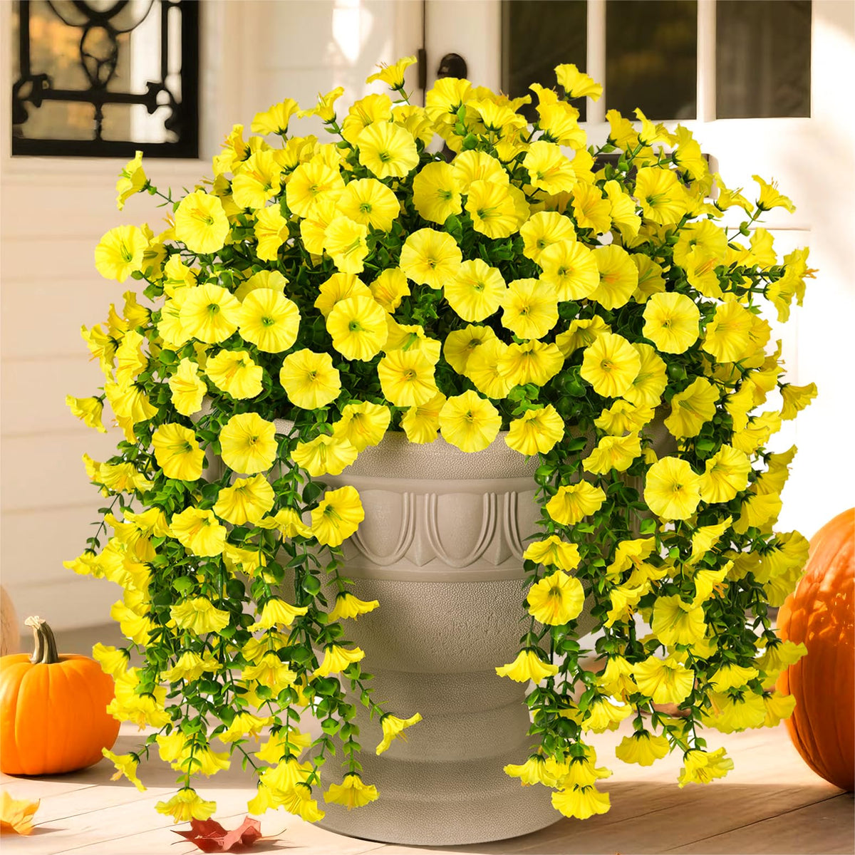 Artificial Faux Hanging Flowers Plants for Outdoor Decor,2 PCS Fake Silk Morning Glory with Eucalyptus UV Resistant Realistic Trailing Vines for Wall Home Porch Patio Balcony Yard Indoor Decor,White