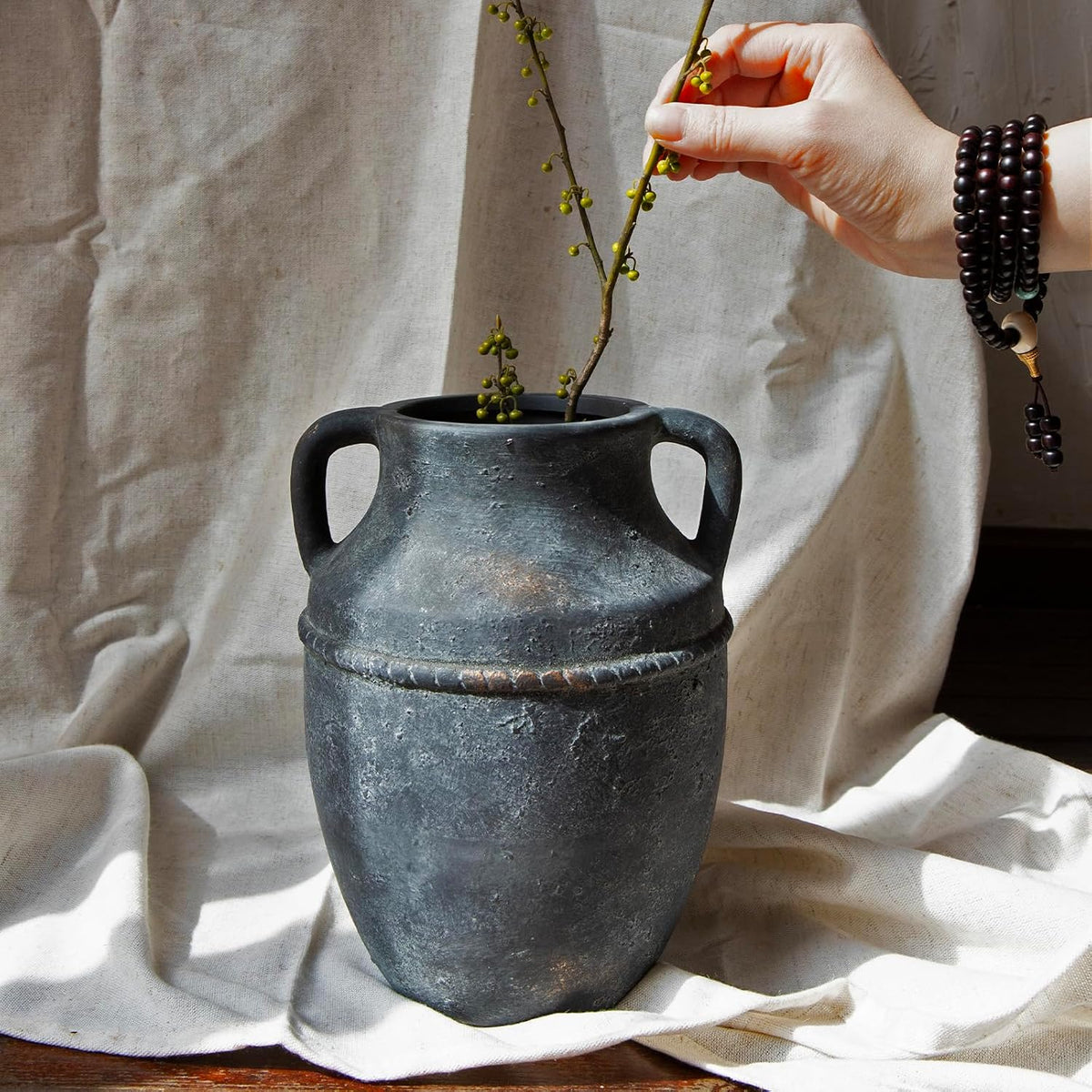 9" Vintage Ceramic Vase with Handles, Rustic Farmhouse Home Decor