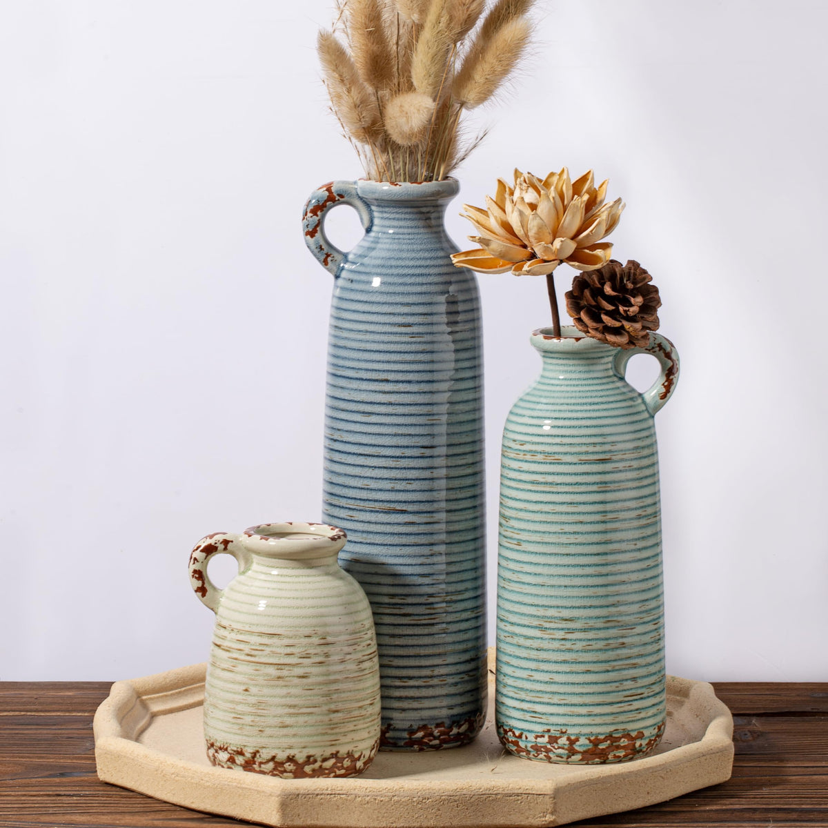 Ceramic Vintage Vase Set of 3, Green and White Crackle Glaze, Chinoiserie Floral Decor for Farmhouse Shelf, Table Centerpiece, Mantel, Living Room & Office