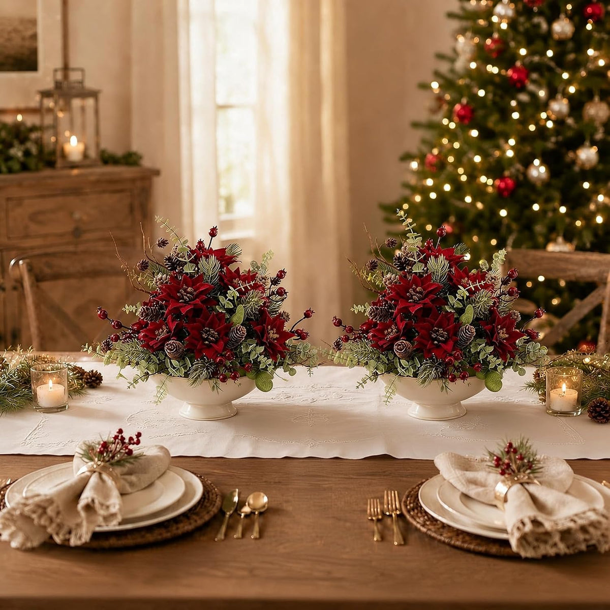 2Pcs Christmas Artificial Flowers Poinsettia Bouquet Winter Décor