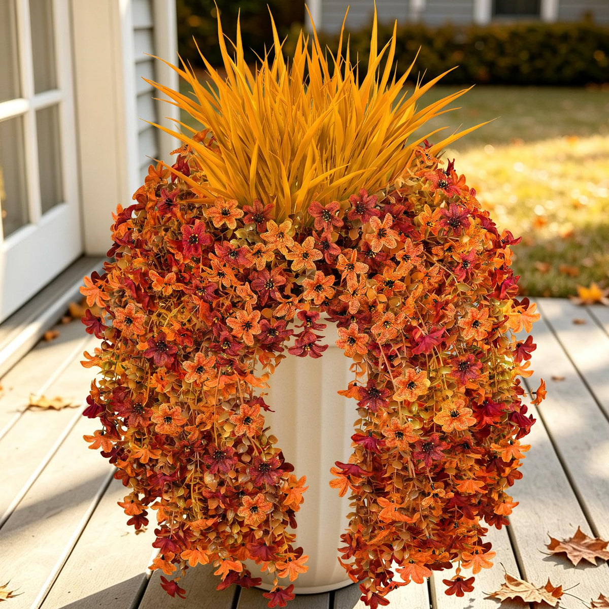 7PCS Artificial Fall Hanging Flowers for Outdoor, Six-Petaled Faux Mums
