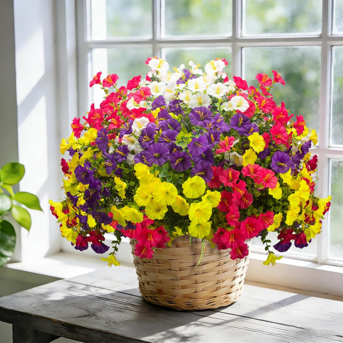 Grunyia 16 Bundles UV Resistant Artificial Morning Glory Flowers - Faux Silk Plastic Fake Flowers with Green Foliage for Outdoor Indoor Porch Patio Planter Yard Garden Home Decor