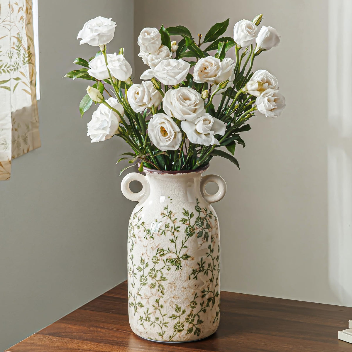 Ceramic Flower Vase for Home Decor, Vintage Green Decorative Vase 6.7 Inch