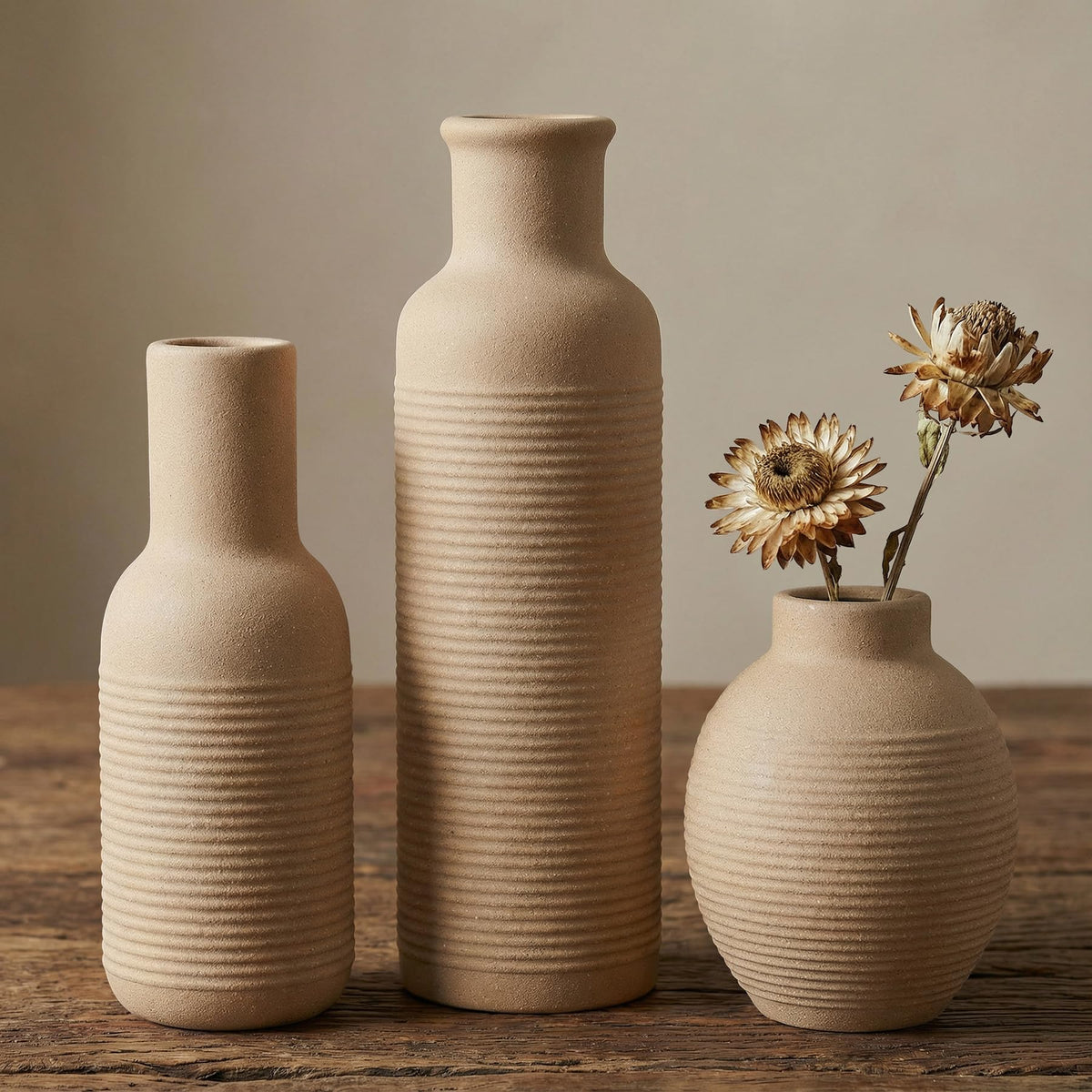 Rustic Farmhouse Vase Set of 3 - Ceramic Decorative Vases Home Decor - Pampas Grass Dried Fresh Flowers - for Centerpiece, Table, Mantel Entryway, Kitchen, Bedroom (White2)