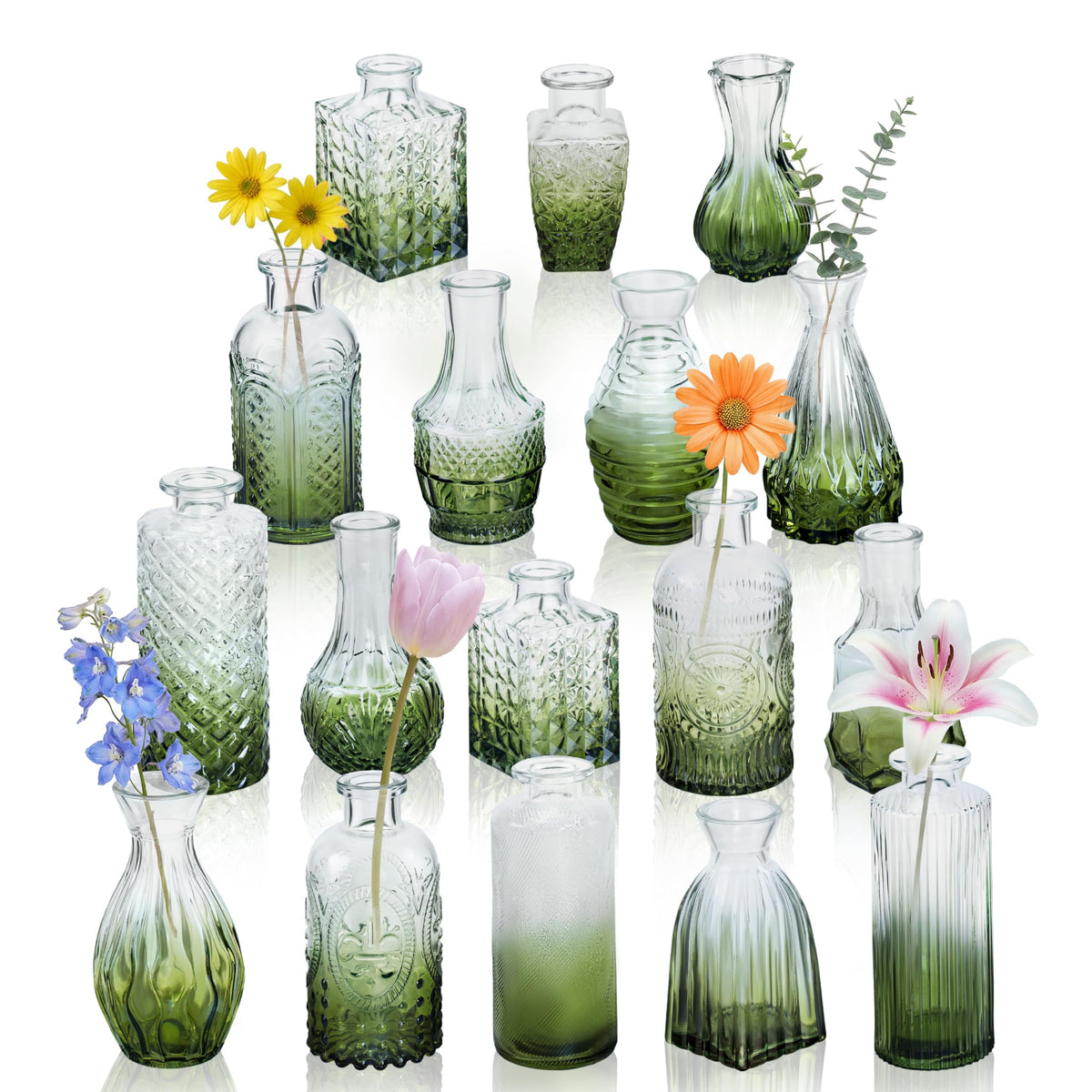 Glass Bud Vases in Bulk Small Mini Green Vase for Flowers 17pc