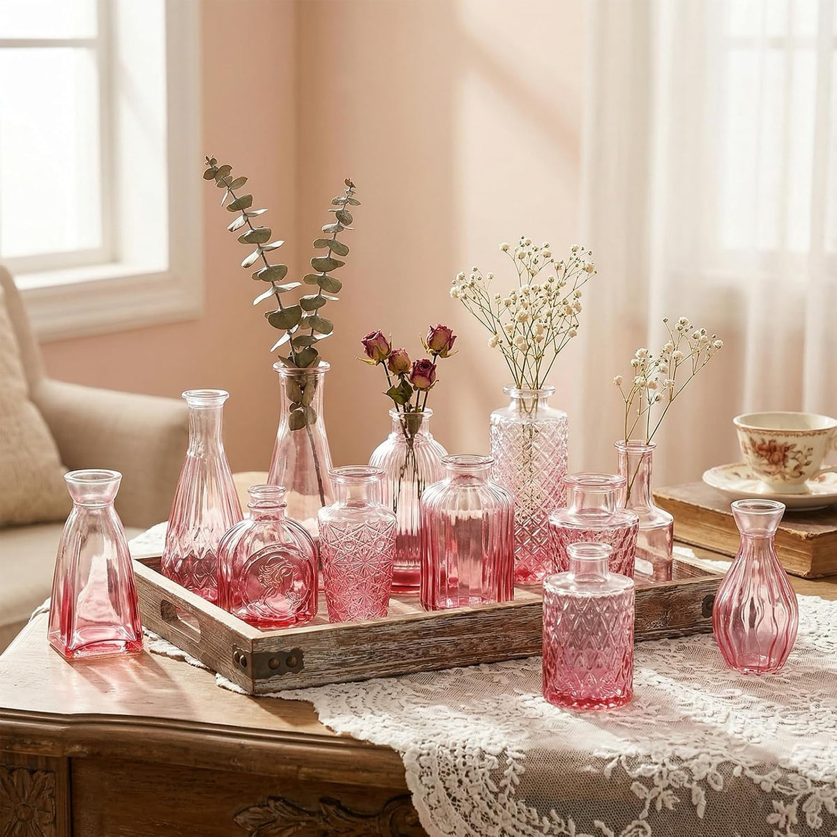 CUCUMI 12pcs Bud Vases for Centerpieces, Pink Glass Vase Set