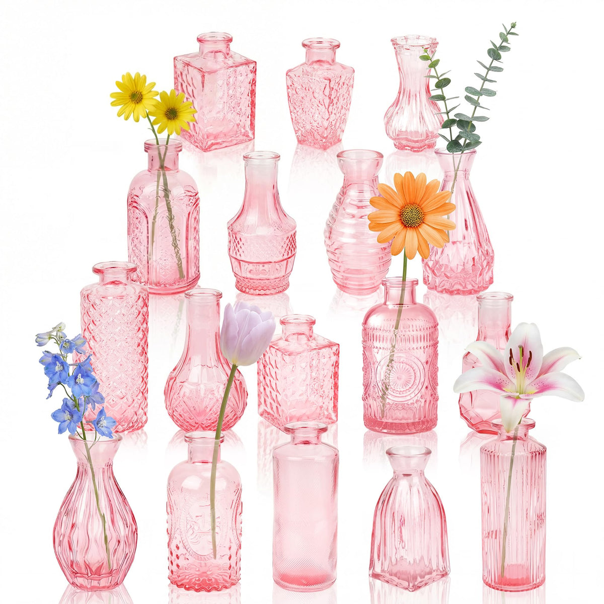Glass Bud Vases in Bulk Small Mini Green Vase for Flowers 17pc