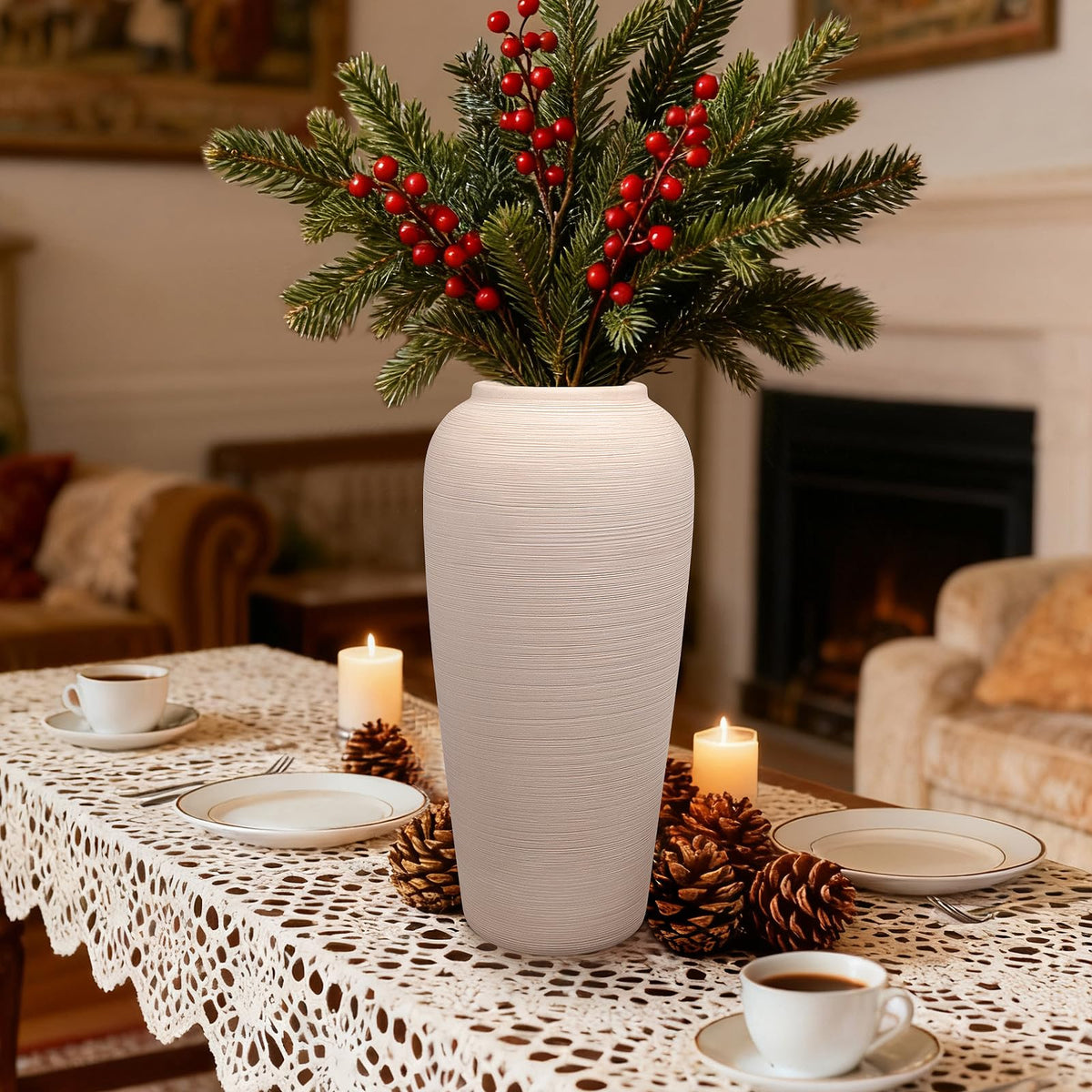 Tall Ceramic Vase 12 Inch Neutral Textured Vase,Cream Vase for Home Decor
