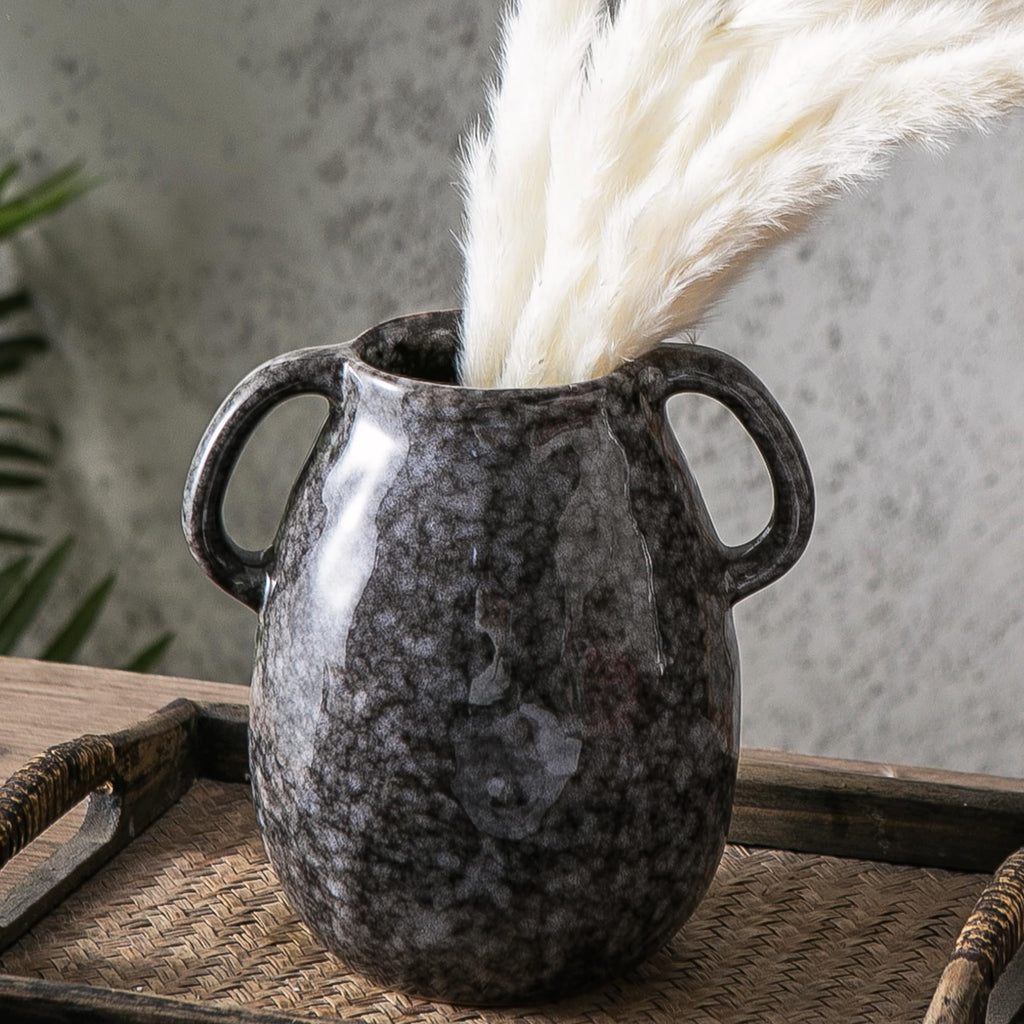 Blue Ceramic Vase with 2 Handles, Modern Farmhouse Vases for Home Decor, Rustic Pottery Vase, Decorative Terracotta Vases for Pampas Grass, Clay Jug for Living Room Dining Table Shelves