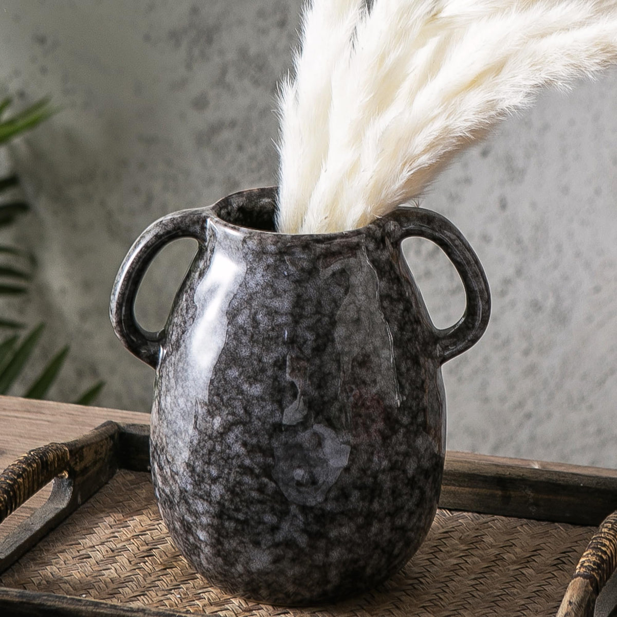 Blue Ceramic Vase with 2 Handles, Modern Farmhouse Vases for Home Decor, Rustic Pottery Vase, Decorative Terracotta Vases for Pampas Grass, Clay Jug for Living Room Dining Table Shelves