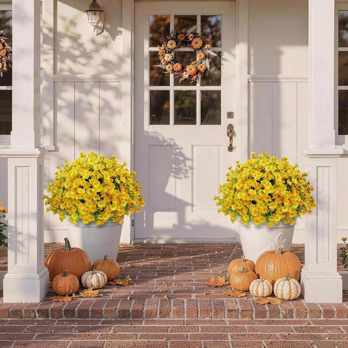 alyptus Fake Flowers Yellow Fall Flowers for Outdoors - 8 Bundles Artificial Mums UV Resistant for Home Garden Window Fall Decor