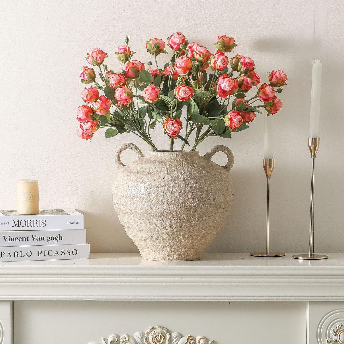 Uiddo Ceramic Flower Vase, Large Farmhouse Vases Home Decor, Handmade Rustic Vase with Handles, Decorative Flower Vase for Home Entryway Living Room Dining Table Farmhouse Office Decor(10.1inch)
