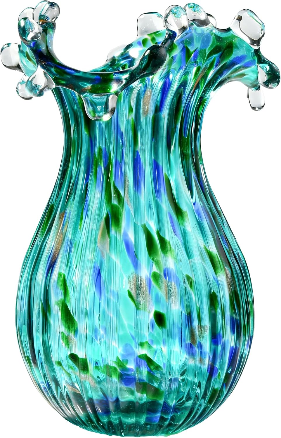 9 inch Tall Green Glass Vases for Flowers, Unique Hand Blown Glass Flower Vase, Large Turquoise Glass Home Table Centerpiece for Floral Bouquet Decorations