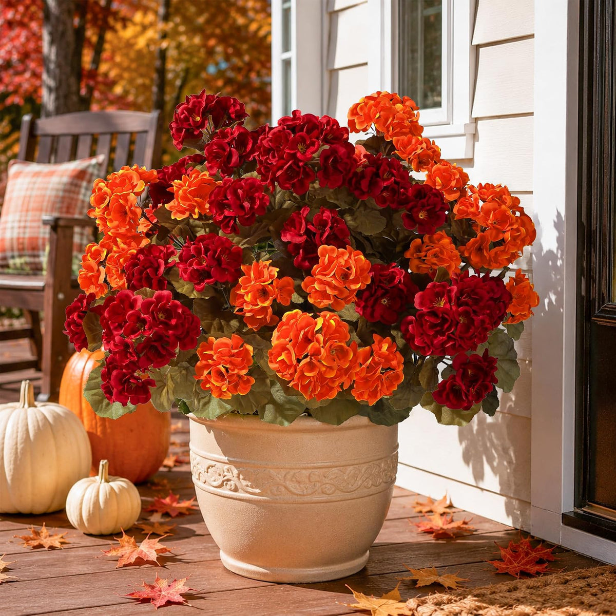 Fake Geraniums Fall Flowers Artificial Flowers for Outdoors Autumn Decor, 6 Bundles Silk Geraniums Fake Plants Realistic UV Resistant Faux Flowers for Outside Planters Garden Balcony Porch Indoor, Mix