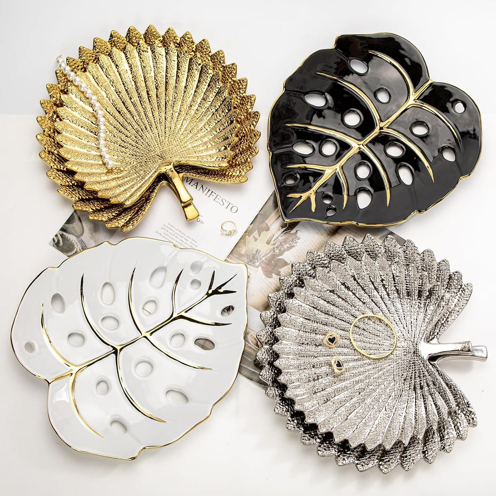 Ceramic Leaf Shaped Decorative Tray, Black Gold Monstera Leaf Plate 12.6"x11" for Jewelry, Keys, Snack, Candle Holder, Modern Table Centerpiece Home Decor