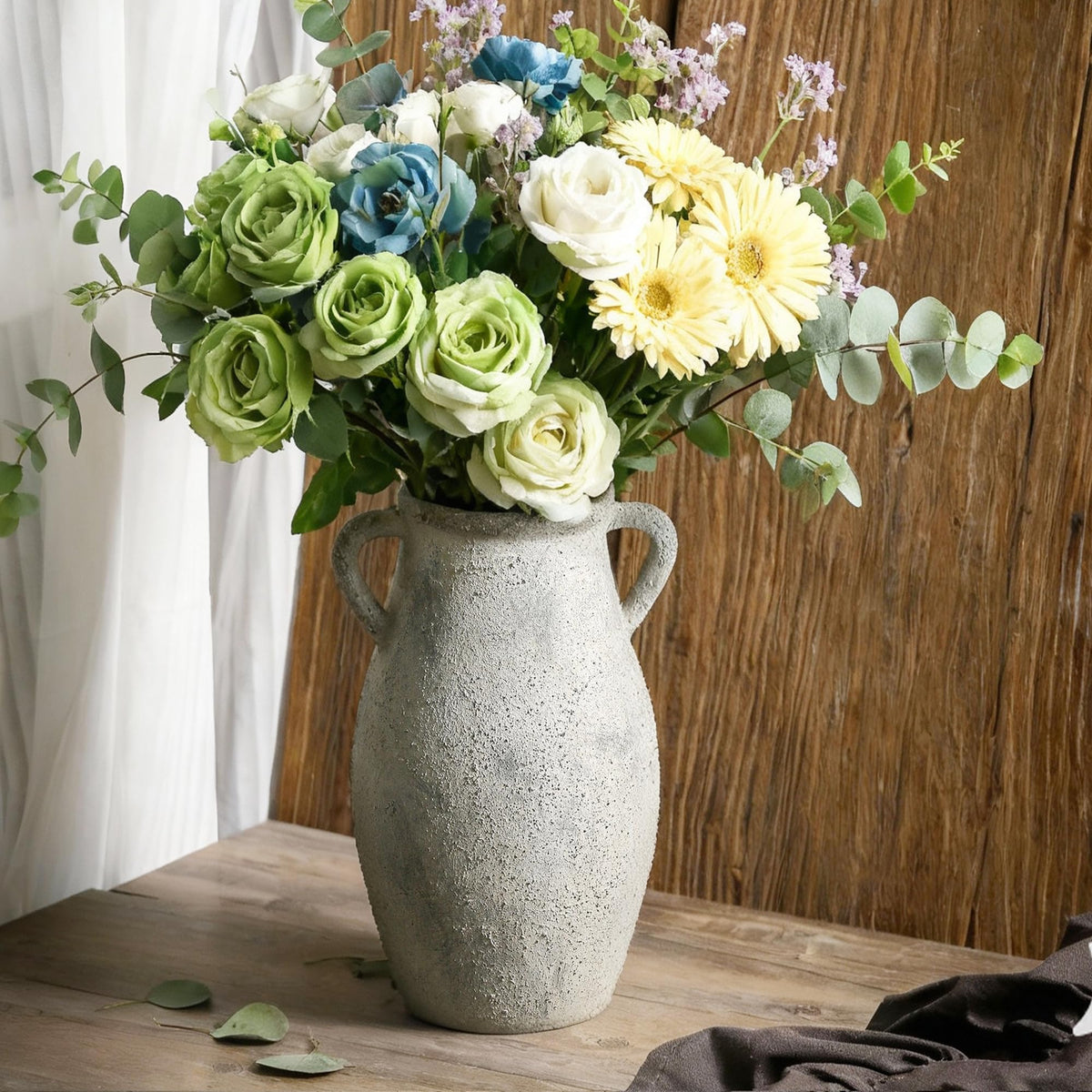 Ceramic Flower Vase, 11.41 Inch Tall Farmhouse Vase with Handles