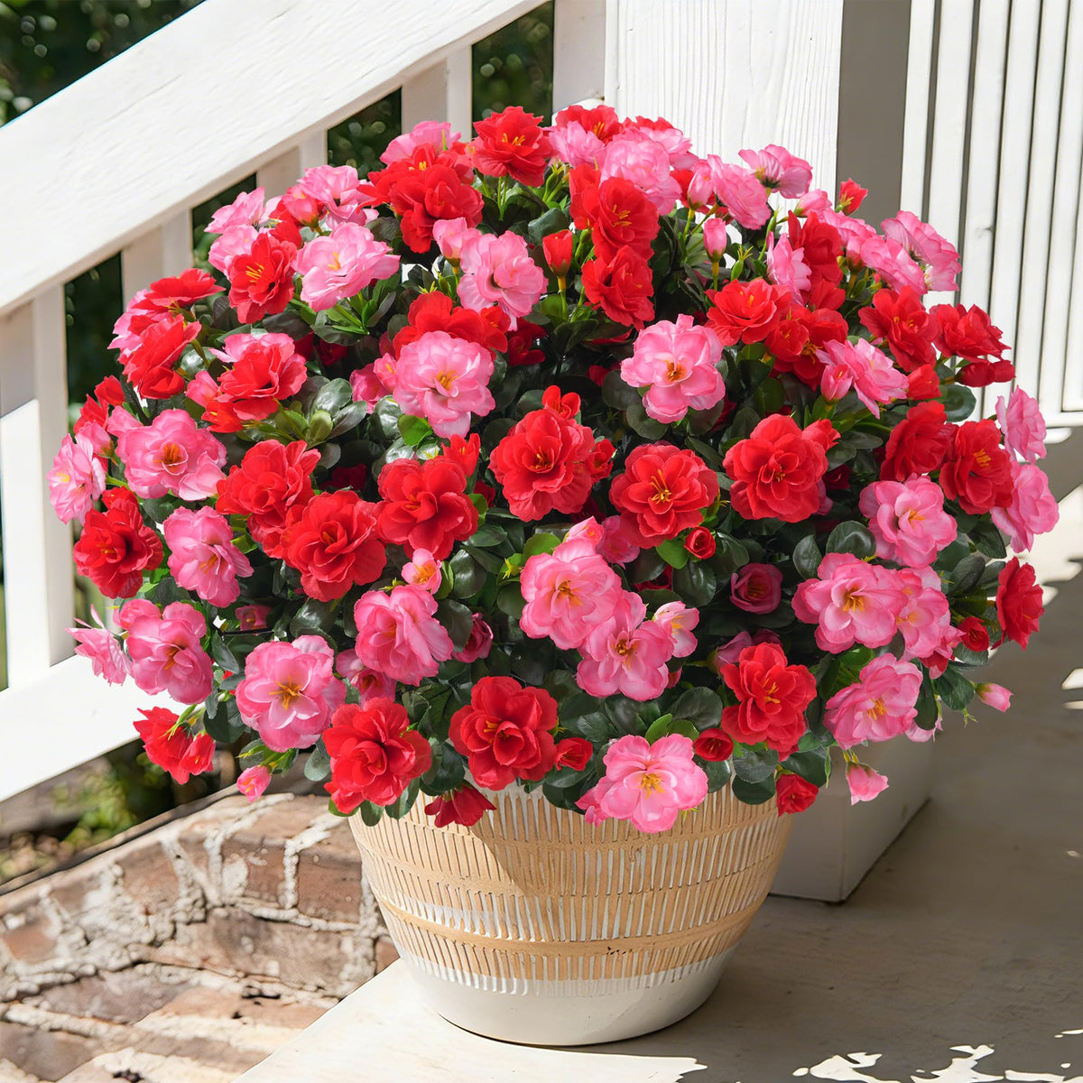 HyeFlora Artificial Fake Flowers for Outdoor Outside Spring Decoration, Fake Silk Red Camellia Flower UV Resistant Realistic Plants for Planter Front Door Porch Patio Table Indoor, 3 Large Bundles
