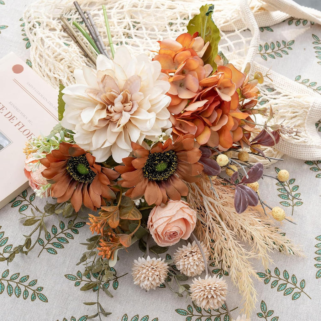 17-inch Artificial Fake Faux Flowers Silk Flower Arrangements Bouquets with Dandelions, Dahlias, Hydrangeas, Sunflowers, Roses, Astilbes and Shooting Star Branches(Autumn Haze)