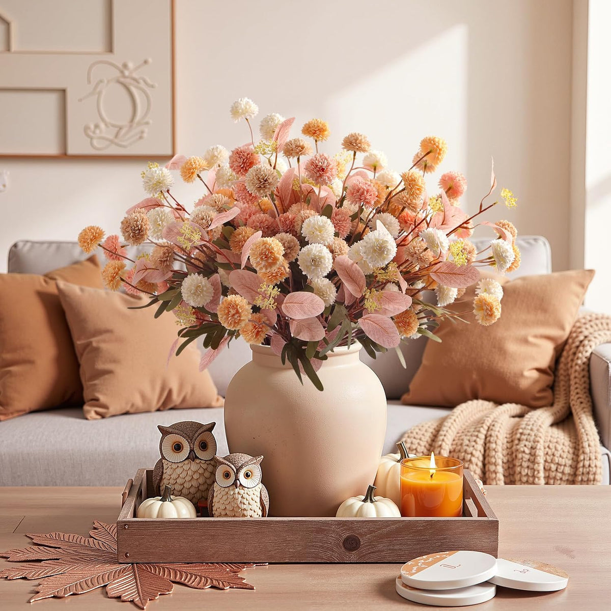 Alupssuc 16 Pcs Faux Silk Mums with Eucalyptus, Fake Chrysanthemum for Vase