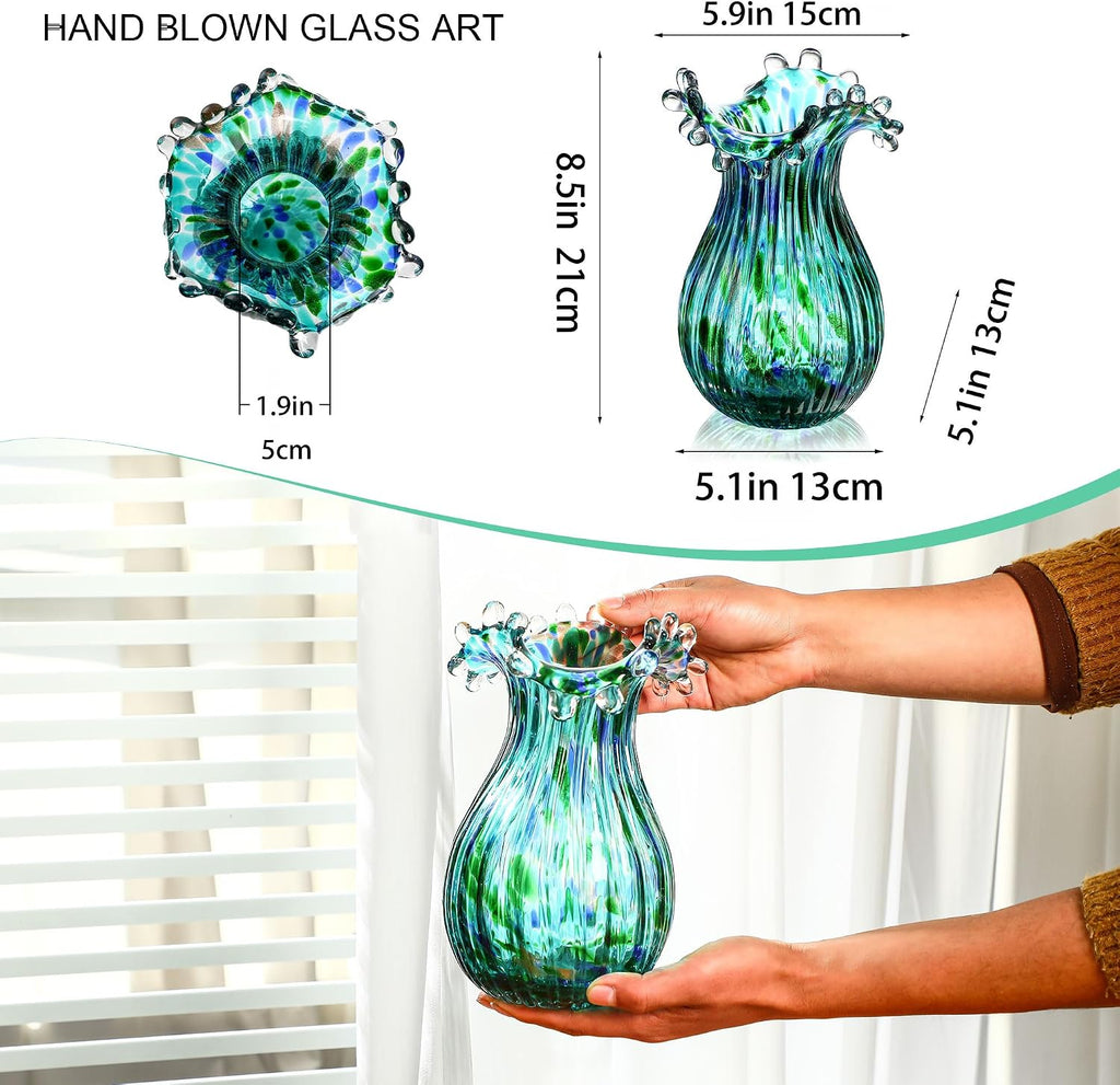 Green Glass Bubble Vase for Flowers, 8.5" Blown Glass Vase for Home Decor