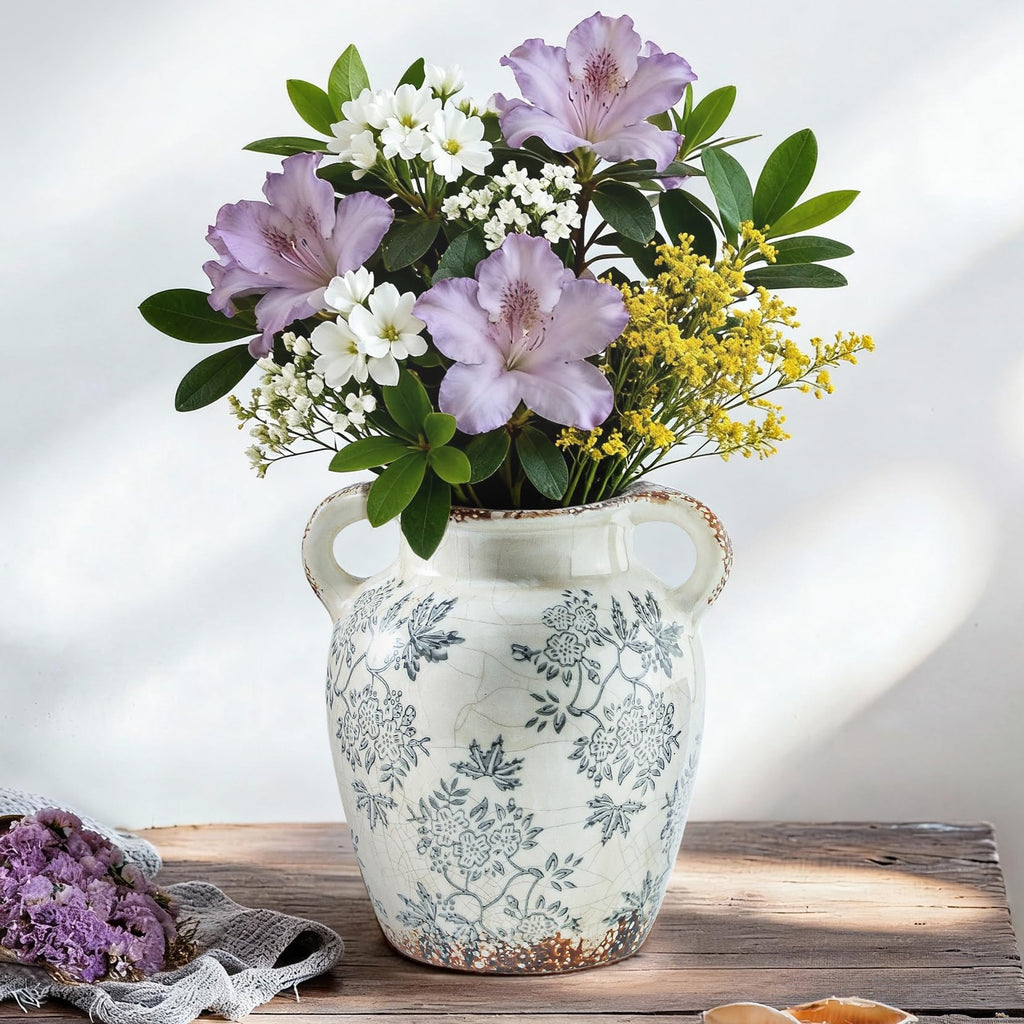 Enra Blue and White Ceramic Vase with Handles, Chinoiserie Floral Decor