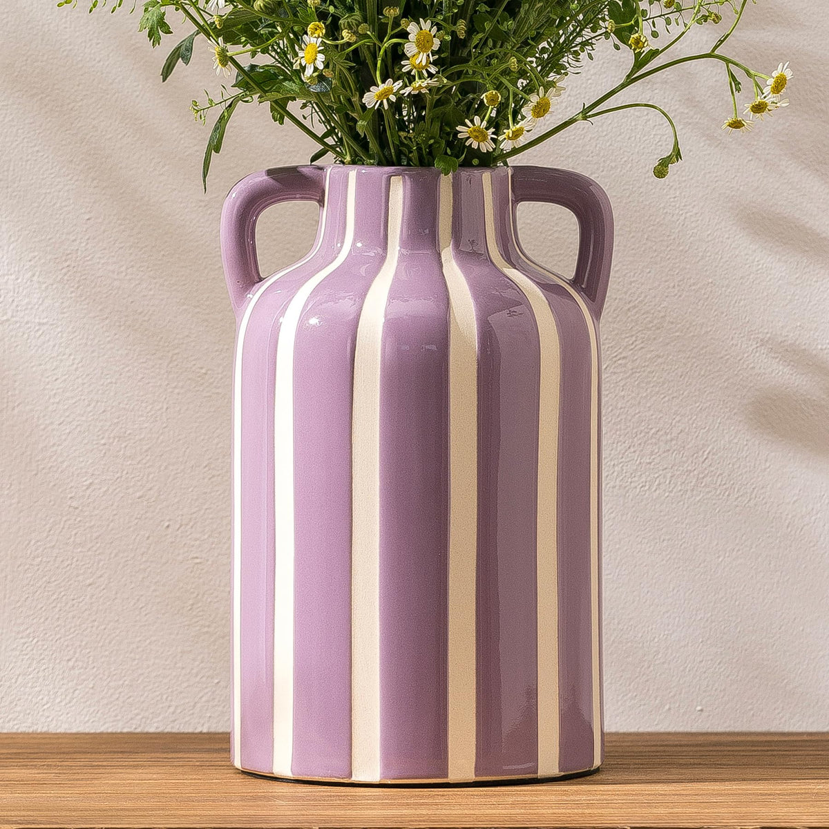 SURE YUESI Black Ceramic Vase with Handles, 9.1 Inch Striped Flower Vase for Halloween Decor, Modern Farmhouse Vase for Pampas Grass, Shelf Decor, Dining Table Centerpiece
