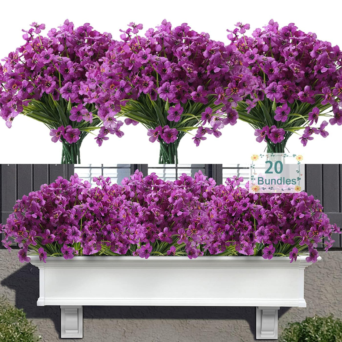20 Bundles Artificial Flowers for Outdoors, UV Resistant Fake Realistic Flowers with Plastic Plants Spring Decor, Faux Silk Flowers for Outside Window Box Front Porch Planter Decor-Purple