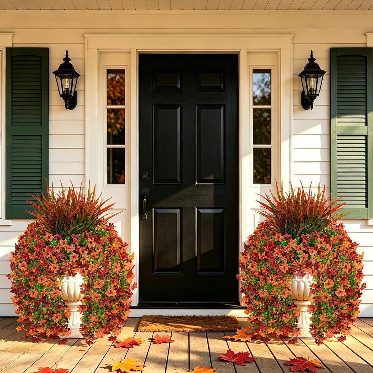 7PCS Artificial Fall Hanging Flowers for Outdoor, Six-Petaled Faux Mums