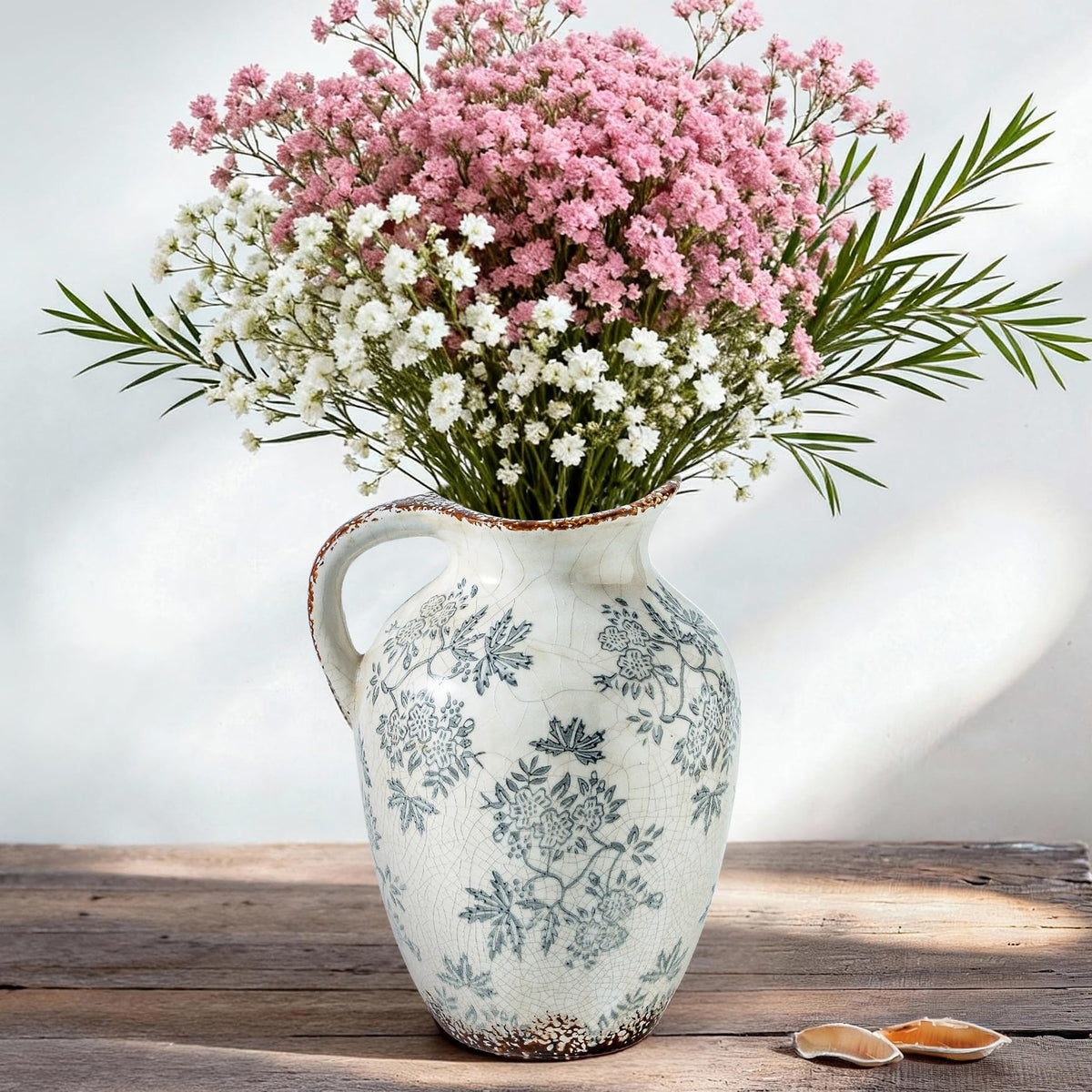 Enra Blue and White Ceramic Vase with Handles, Chinoiserie Floral Decor