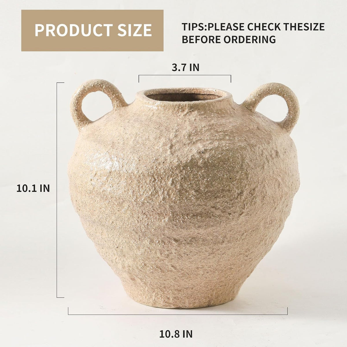 Uiddo Ceramic Flower Vase, Large Farmhouse Vases Home Decor, Handmade Rustic Vase with Handles, Decorative Flower Vase for Home Entryway Living Room Dining Table Farmhouse Office Decor(10.1inch)