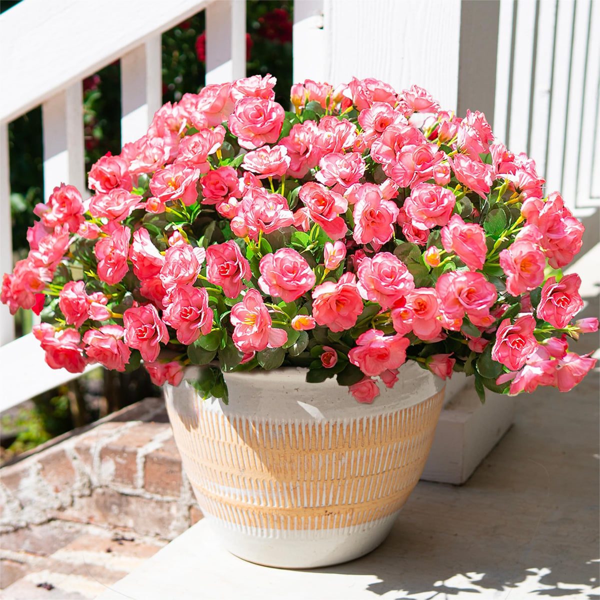 HyeFlora Artificial Fake Flowers for Outdoor Outside Spring Decoration, Fake Silk Red Camellia Flower UV Resistant Realistic Plants for Planter Front Door Porch Patio Table Indoor, 3 Large Bundles