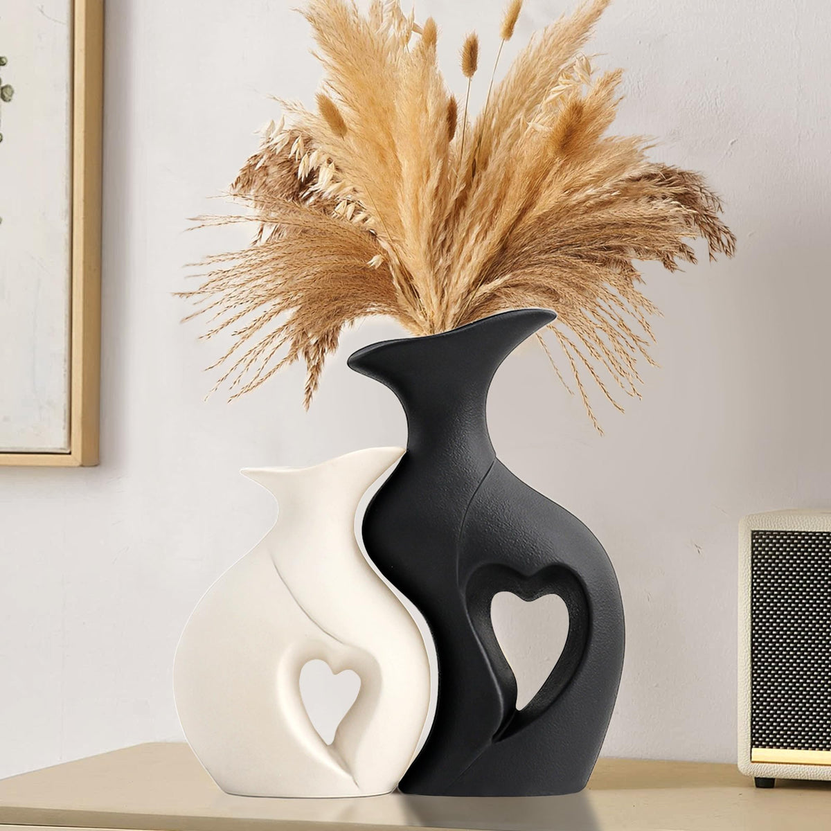 Black and White Vases Home Decor Heart Shape Ceramic Vase Set of 2