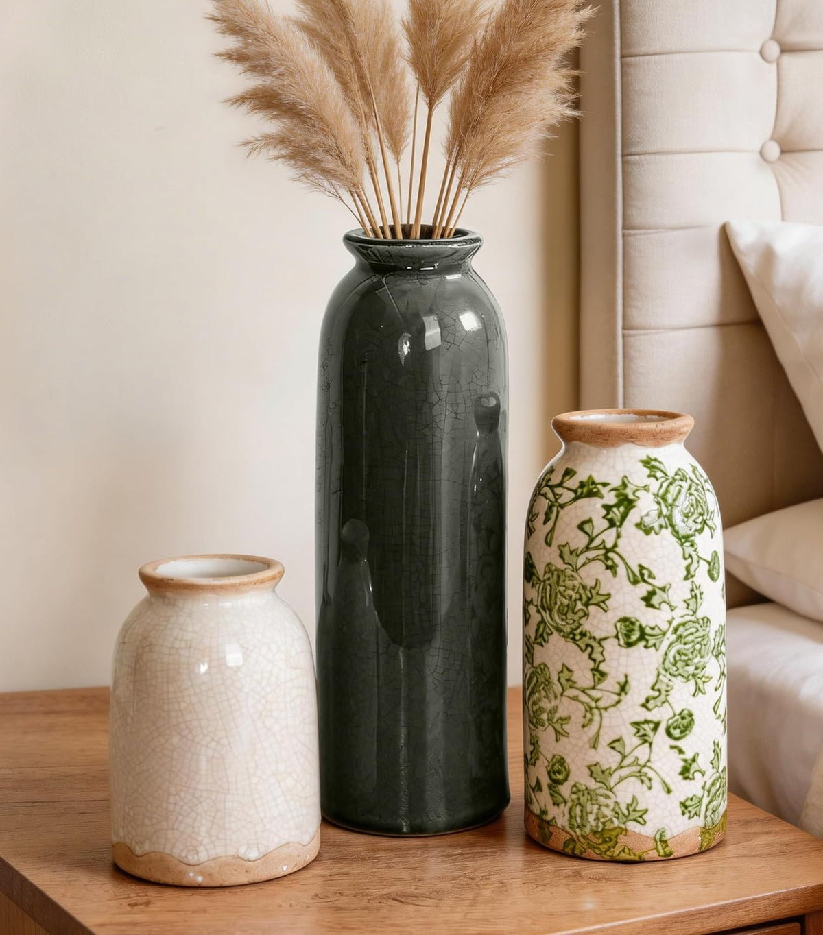 Vintage Ceramic Vase Set of 3, Flower Small Chinoiserie Vase Rustic Modern Farmhouse Centerpiece Decorative Pottery Vases for Table Mantel Entryway Bookshelf Living Room Kitchen Home Decor