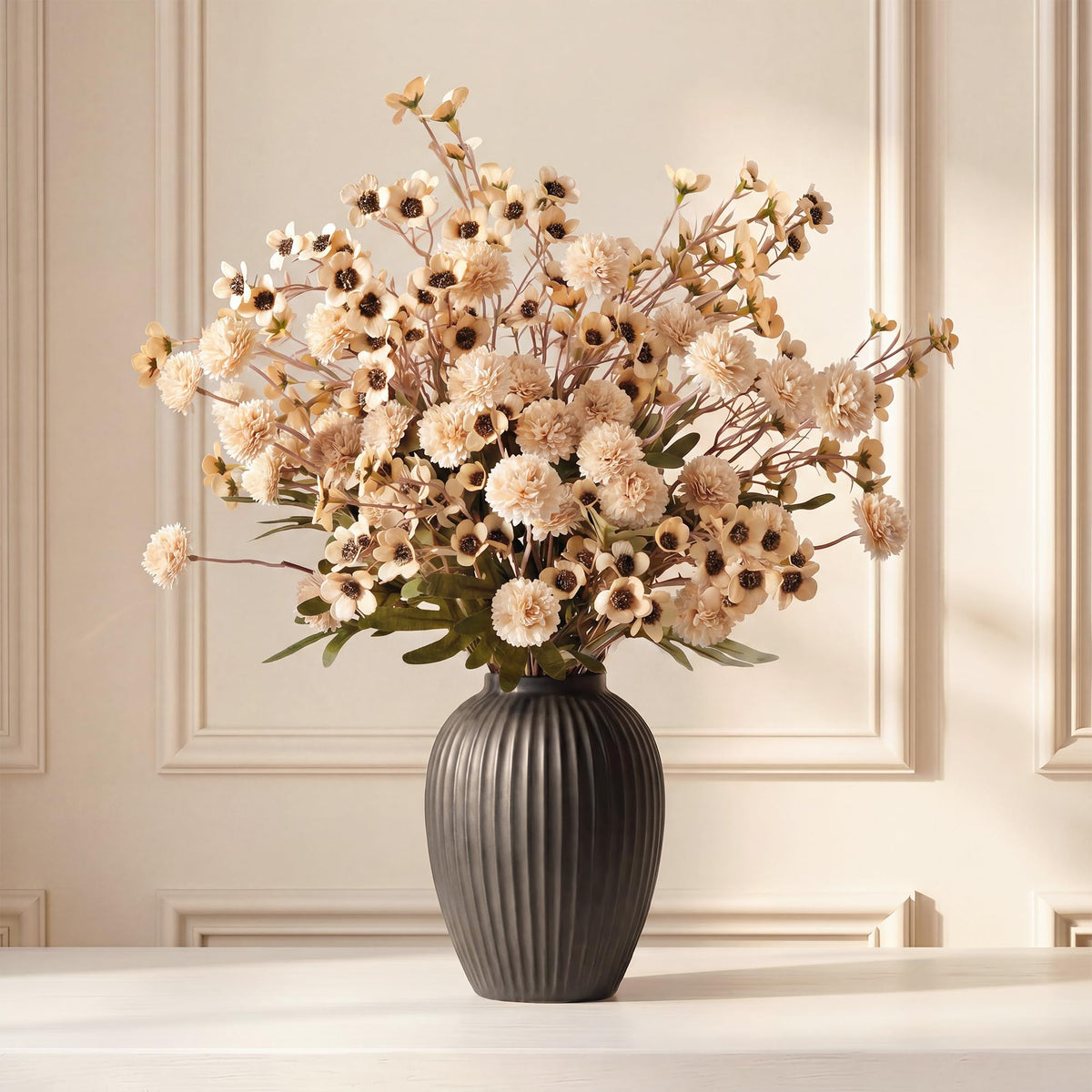 Pinkpum 20 Stems Beige Fake Mums & Kiku Artificial Flowers for Vase Decor