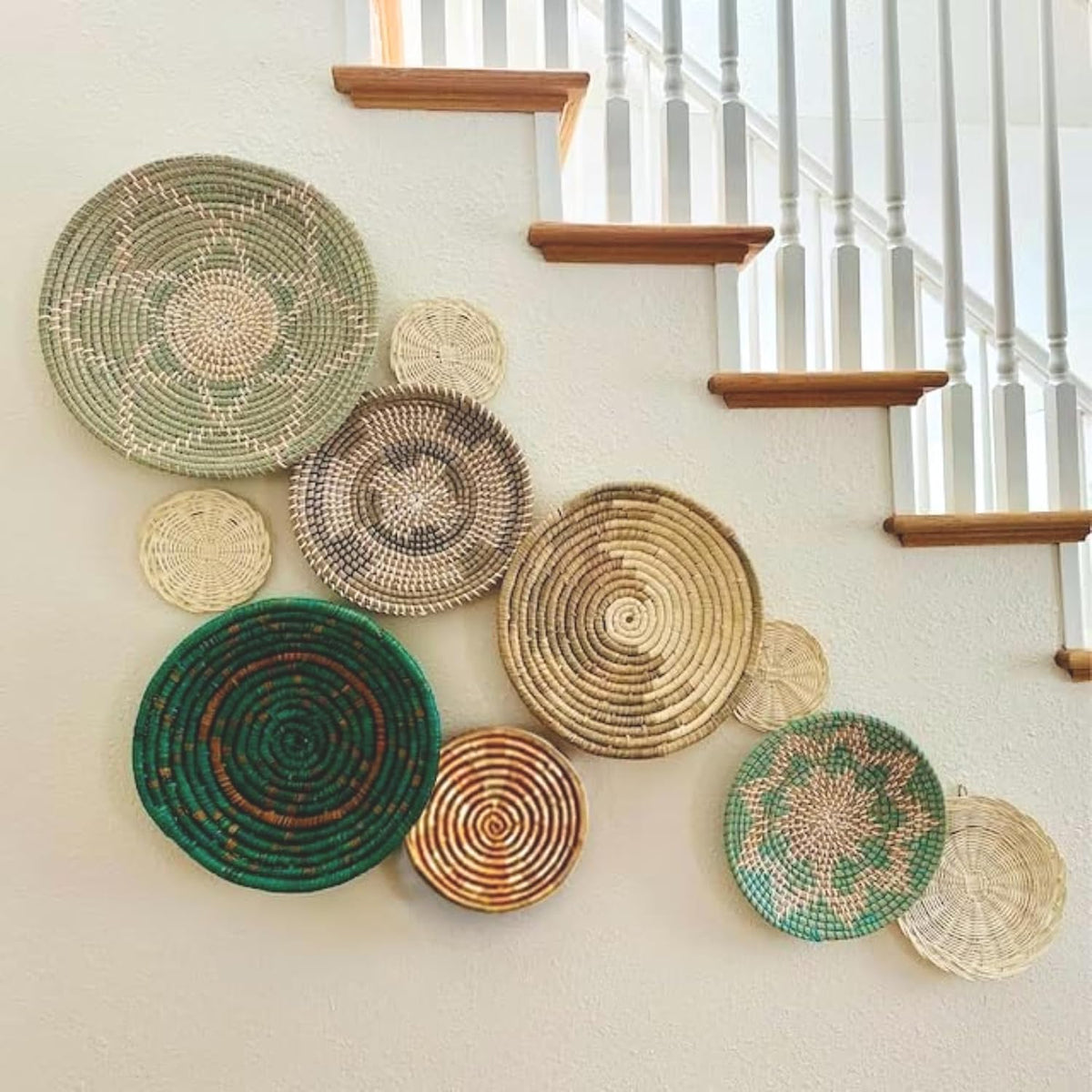 Wicker Basket Wall Decor Set of 10 with Loops, Seagrass, Handmade
