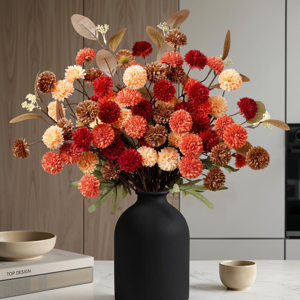 Alupssuc 16 Pcs Faux Silk Mums with Eucalyptus, Fake Chrysanthemum for Vase