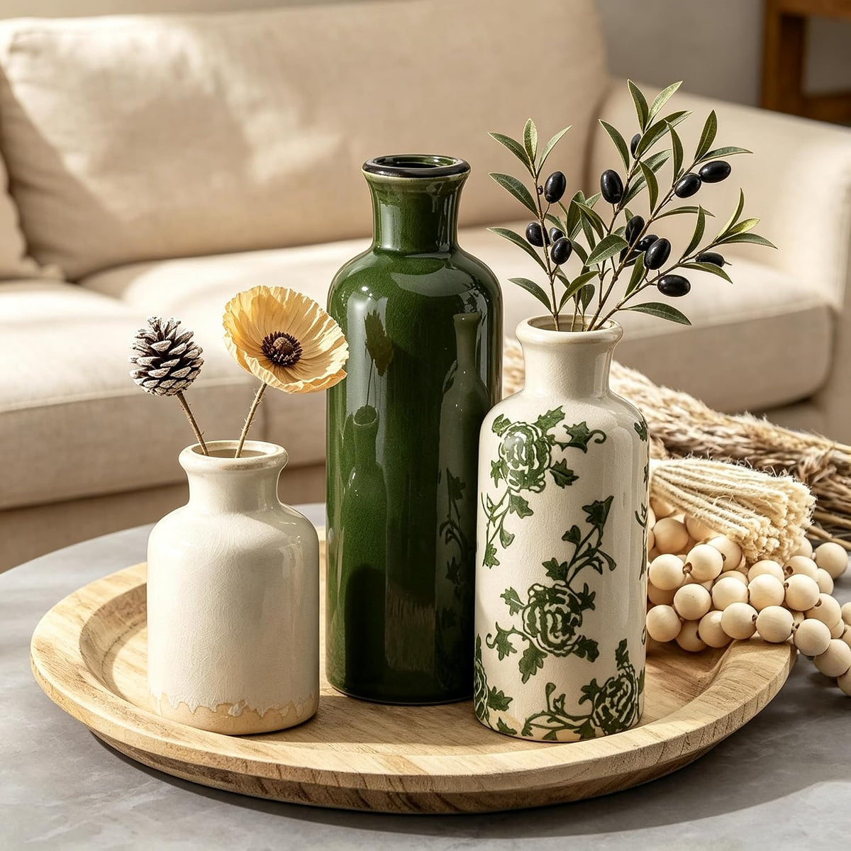 Ceramic Vintage Vase Set of 3, Green and White Crackle Glaze, Chinoiserie Floral Decor for Farmhouse Shelf, Table Centerpiece, Mantel, Living Room & Office